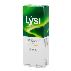 Flacone da 240 ml di Lysi Omega 3 Liquido Limone, integratore per la salute cardiocircolatoria.