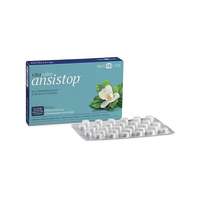 Confezione da 60 compresse di Vitacalm Ansistop, integratore per il rilassamento e il benessere mentale.