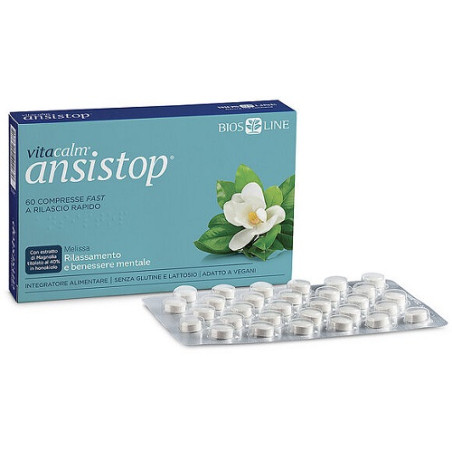 Confezione da 60 compresse di Vitacalm Ansistop, integratore per il rilassamento e il benessere mentale.