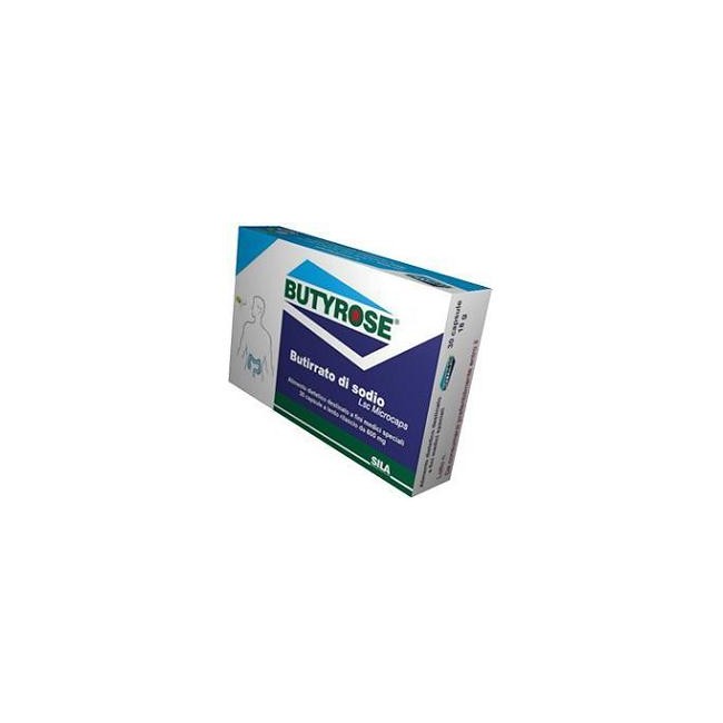 Confezione da 30 capsule di Butyrose, integratore per il benessere intestinale. Confezione da 30 capsule di Butyrose, integratore per il benessere intestinale.