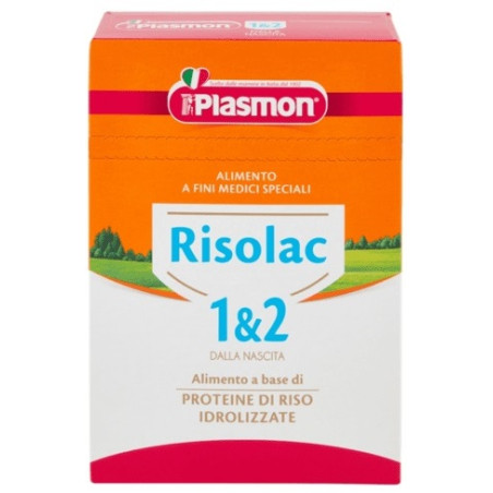 Confezione da 350 grammi di Plasmon Risolac, alimento per bambini allergici alle proteine del latte.