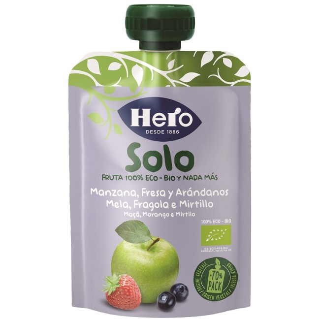 HERO SOLO FRUTTA FRULLATA 100% BIO MELA FRAGOLA MIRTILLO 100 G HERO SOLO FRUTTA FRULLATA 100% BIO MELA FRAGOLA MIRTILLO 100 G