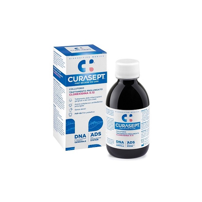 Flacone da 200 ml di Curasept ADS Collutorio 0,12% Clorexidina, prodotto utile in caso di infiammazioni gengivali. Flacone da 200 ml di Curasept ADS Collutorio 0,12% Clorexidina, prodotto utile in caso di infiammazioni gengivali.