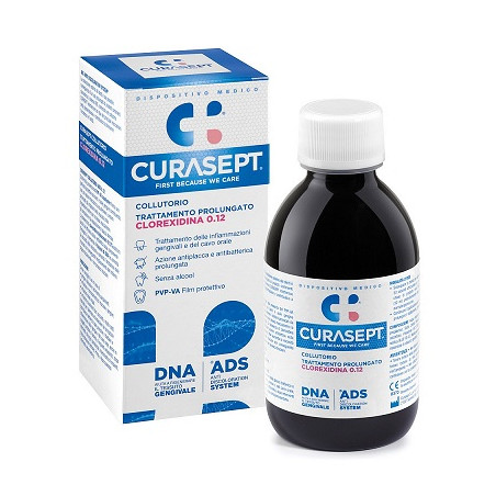 Flacone da 200 ml di Curasept ADS Collutorio 0,12% Clorexidina, prodotto utile in caso di infiammazioni gengivali.