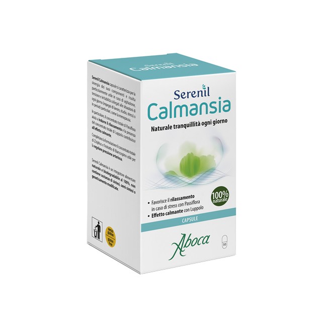Confezione da 50 capsule di Serenil Calmansia, integratore contro stress e agitazione. Confezione da 50 capsule di Serenil Calmansia, integratore contro stress e agitazione.