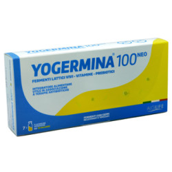 Confezione contenente 7 flaconcini da 8 ml di Yogermina 100 miliardi, integratore per la flora intestinale.