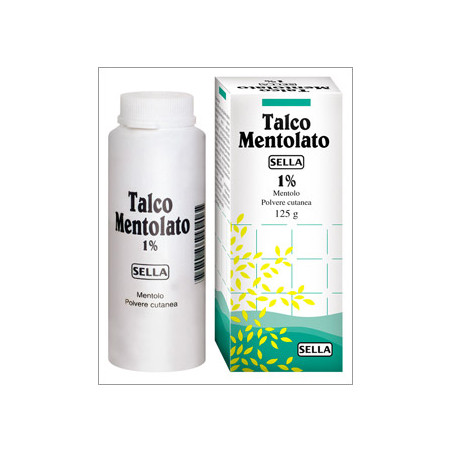 Flacone da 100 grammi di Mentolo Sella Talco Mentolato, farmaco per eruzioni cutanee ed eritemi. Flacone da 100 grammi di Mentolo Sella Talco Mentolato, farmaco per eruzioni cutanee ed eritemi.