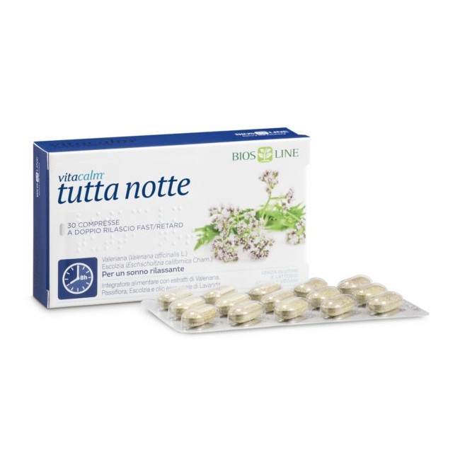 Confezione da 30 compresse di Bios Line Vitacalm Tutta Notte Fast/Retard, integratore per dormire profondamente. Confezione da 30 compresse di Bios Line Vitacalm Tutta Notte Fast/Retard, integratore per dormire profondamente.
