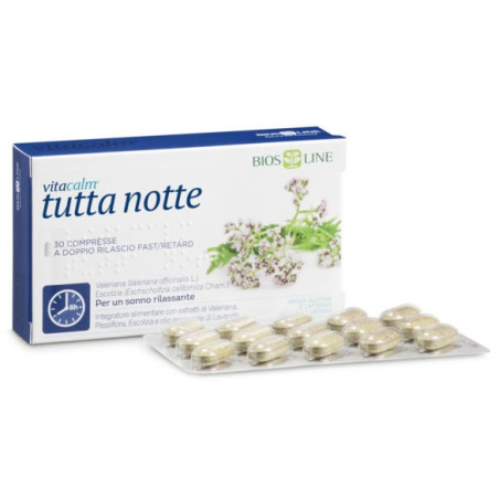 Confezione da 30 compresse di Bios Line Vitacalm Tutta Notte Fast/Retard, integratore per dormire profondamente.