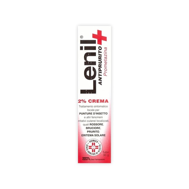 Tubo da 30 grammi di Lenil Antiprurito 2%, crema per punture d'insetto e irritazioni cutanee. Tubo da 30 grammi di Lenil Antiprurito 2%, crema per punture d'insetto e irritazioni cutanee.