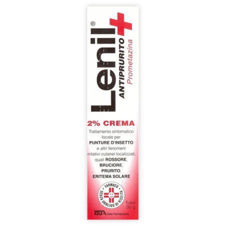Tubo da 30 grammi di Lenil Antiprurito 2%, crema per punture d'insetto e irritazioni cutanee. Tubo da 30 grammi di Lenil Antiprurito 2%, crema per punture d'insetto e irritazioni cutanee.