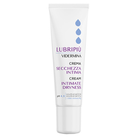 Tubetto da 30 ml di Vidermina Lubripiù Crema intima, crema utile per contrastare prurito intimo e bruciore.