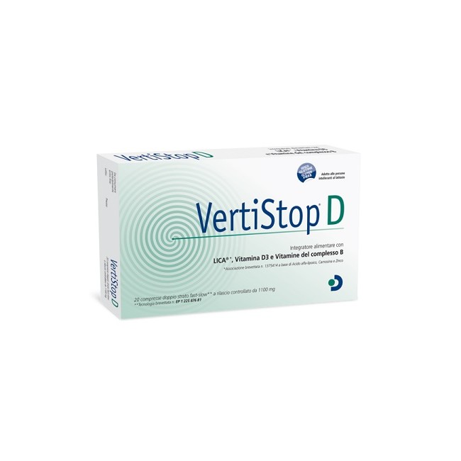 Confezione da 20 compresse di Vertistop D, integratore per le vertigini e i disturbi dell'equilibrio. Confezione da 20 compresse di Vertistop D, integratore per le vertigini e i disturbi dell'equilibrio.