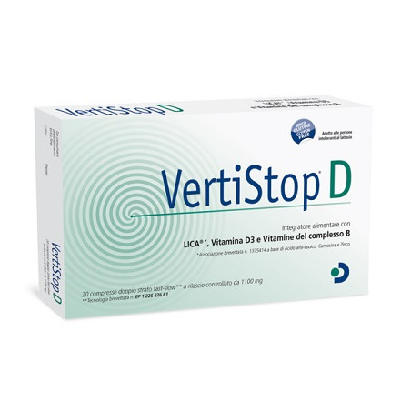 Confezione da 20 compresse di Vertistop D, integratore per le vertigini e i disturbi dell'equilibrio. Confezione da 20 compresse di Vertistop D, integratore per le vertigini e i disturbi dell'equilibrio.