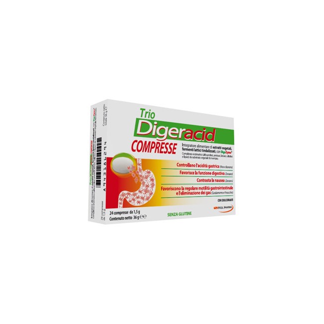 Confezione da 24 compresse di Trio Digeracid, integratore per digestione e bruciore di stomaco. Confezione da 24 compresse di Trio Digeracid, integratore per digestione e bruciore di stomaco.