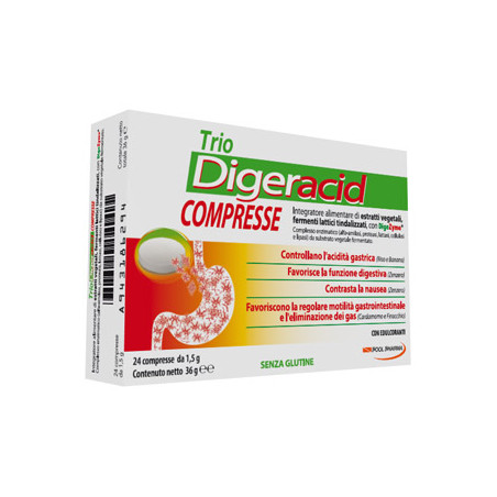 Confezione da 24 compresse di Trio Digeracid, integratore per digestione e bruciore di stomaco. Confezione da 24 compresse di Trio Digeracid, integratore per digestione e bruciore di stomaco.