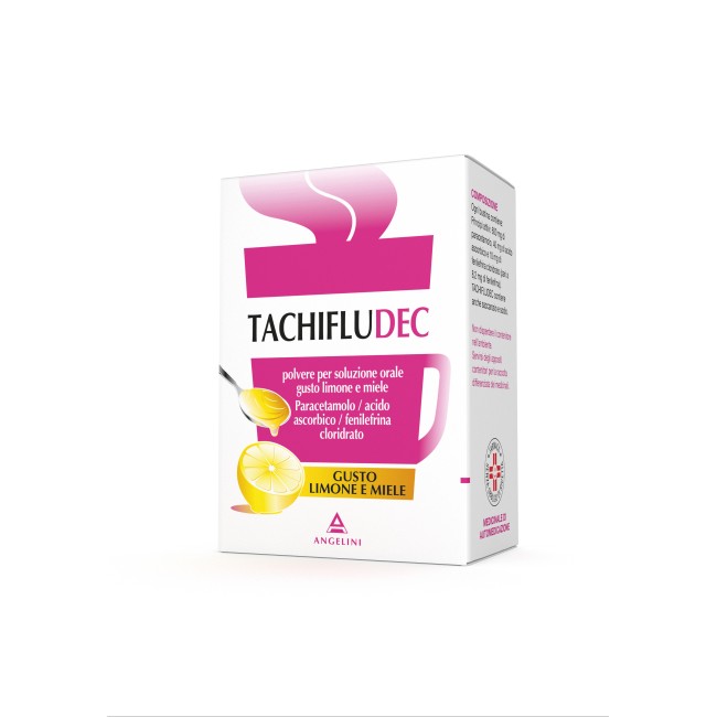 Confezione da 10 bustine di Tachifludec Limone e Miele, farmaco per febbre, naso chiuso e sindromi influenzali. Confezione da 10 bustine di Tachifludec Limone e Miele, farmaco per febbre, naso chiuso e sindromi influenzali.