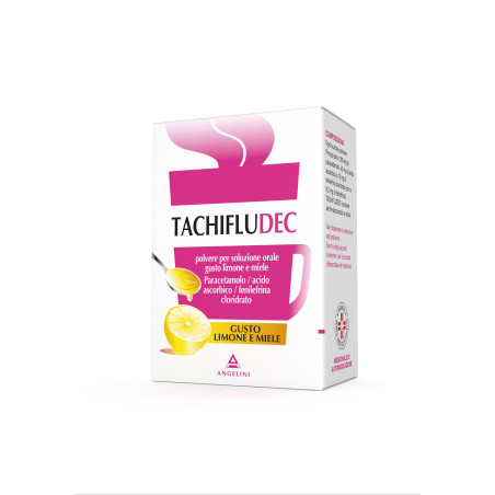 Confezione da 10 bustine di Tachifludec Limone e Miele, farmaco per febbre, naso chiuso e sindromi influenzali. Confezione da 10 bustine di Tachifludec Limone e Miele, farmaco per febbre, naso chiuso e sindromi influenzali.