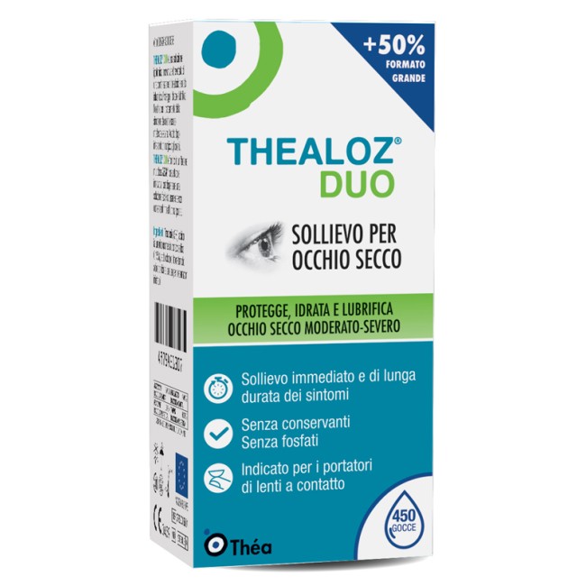 Flacone da 15 ml di Thealoz Duo, soluzione oftalmica per occhi secchi e arrossati. Flacone da 15 ml di Thealoz Duo, soluzione oftalmica per occhi secchi e arrossati.