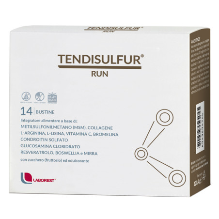 Confezione da 14 bustine di Tendisulfur Run, integratore per la salute di ossa e articolazioni.