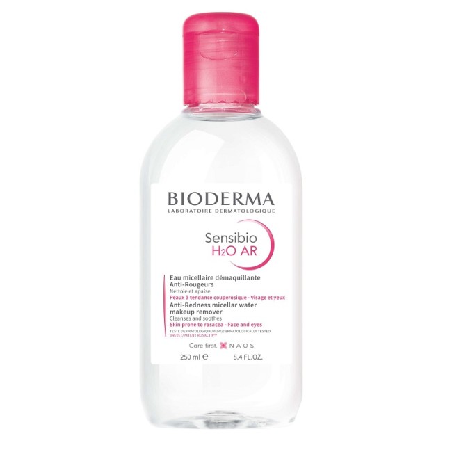Flacone da 250 ml di Bioderma Sensibio H20 AR Acqua Micellare Struccante Anti-Rossore. Flacone da 250 ml di Bioderma Sensibio H20 AR Acqua Micellare Struccante Anti-Rossore.