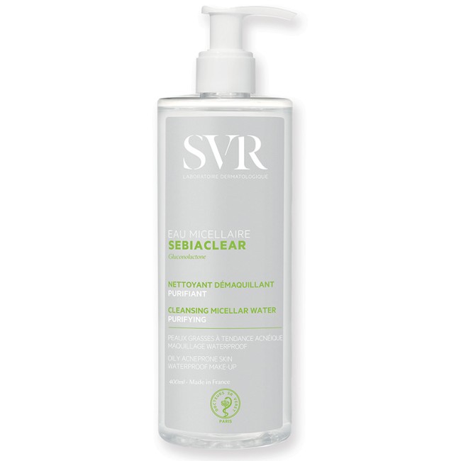 Flacone da 400 ml di Svr Sebiaclear Acqua Micellare Detergente Struccante Per Pelle Grassa Acneica.