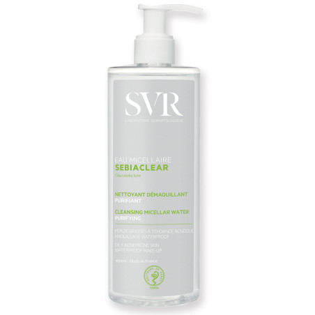 Flacone da 400 ml di Svr Sebiaclear Acqua Micellare Detergente Struccante Per Pelle Grassa Acneica.