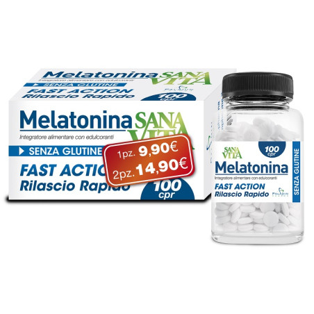 Confezione da 100 compresse di Sanavita Melatonina, integratore contro i disturbi del sonno.