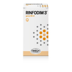 Flacone da 30 ml di Rinfodim 3 Gocce, integratore per sistema immunitario e benessere respiratorio.