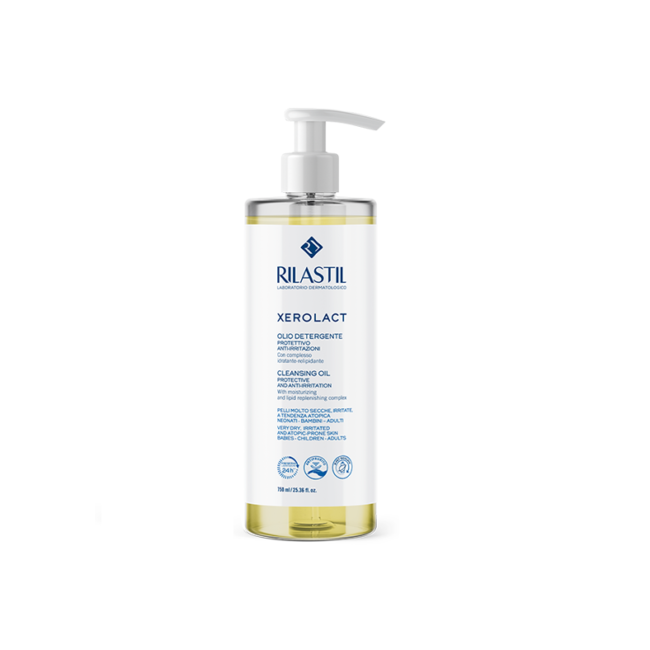 Flacone da 750 ml di Rilastil Xerolact Olio Detergente Protettivo per pelle secca.