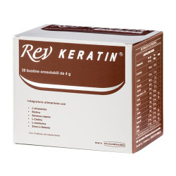 Confezione da 30 bustine di Rev Keratin, integratore per ridurre la fragilità di capelli e unghie.