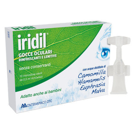 Confezione da 10 fialette monodose di Iridil gocce oculari rinfrescanti e lenitive. Confezione da 10 fialette monodose di Iridil gocce oculari rinfrescanti e lenitive.