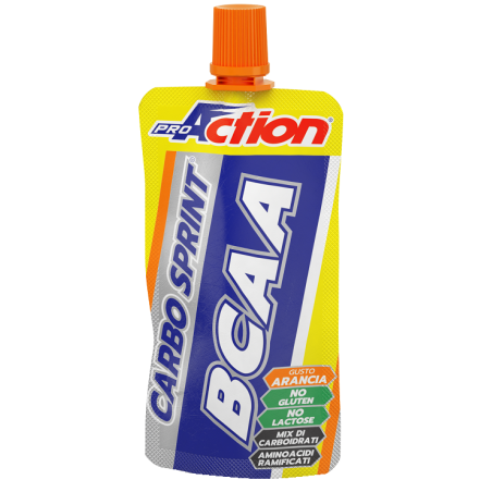 Doypack da 50 ml di Proaction Carbo Sprint Endurance BCAA, integratore per energia immediata. Doypack da 50 ml di Proaction Carbo Sprint Endurance BCAA, integratore per energia immediata.
