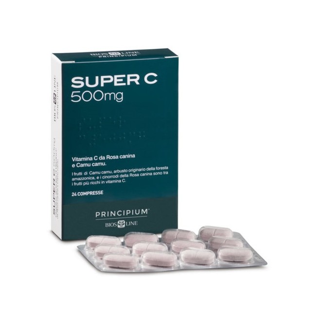 Confezione da 24 compresse di Bios Line Principium Super C 500 mg, integratore per energia e sistema immunitario. Confezione da 24 compresse di Bios Line Principium Super C 500 mg, integratore per energia e sistema immunitario.