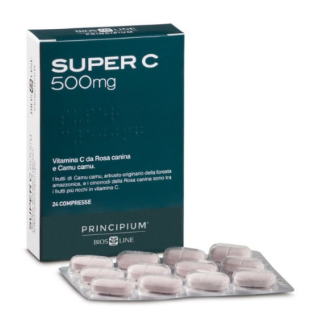 Confezione da 24 compresse di Bios Line Principium Super C 500 mg, integratore per energia e sistema immunitario.