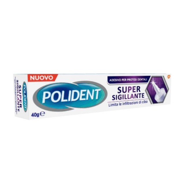 Tubo da 40 grammi di Polident Super Sigillante, crema adesiva per dentiere.