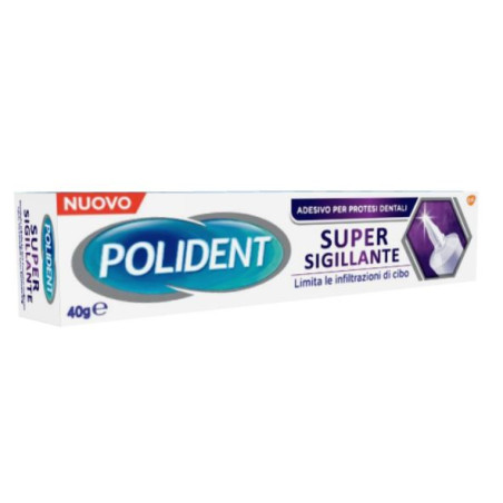 Tubo da 40 grammi di Polident Super Sigillante, crema adesiva per dentiere.