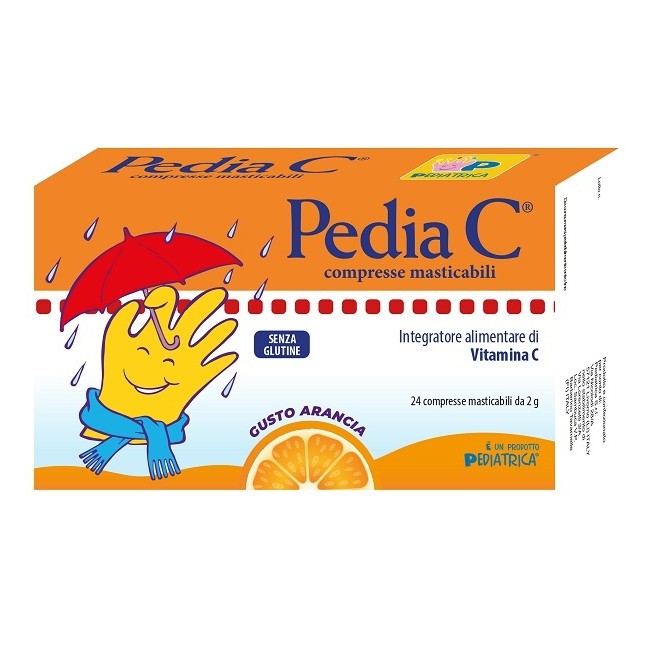 Confezione da 24 compresse di Pedia C, integratore di vitamina C per bambini al gusto d'arancia.