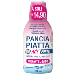 Flacone da 500 ml di Pancia Piatta ACT Forte, integratore per ritenzione idrica e gonfiore addominale.