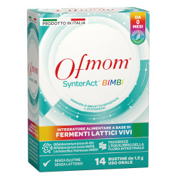 Confezione da 14 stick di Ofmom Synteract Bimbi, integratore per il benessere digestivo e intestinale.