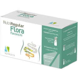 Confezione contenente 10 flaconcini da 8 ml di Nutriregulr Flora, integratore contro i disturbi gastrointestinali.