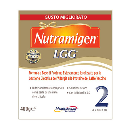 Confezione da 400 grammi di Nutramigen LGG, latte per bambini allergici al latte vaccino.