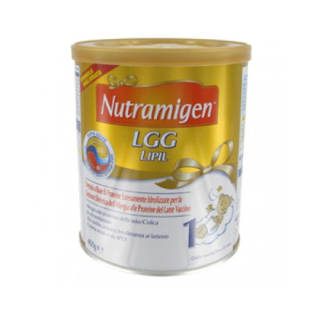 Barattolo da 400 grammi di Nutramigen 1 LGG, latte per bambini cin allergia alle proteine del latte vaccino.