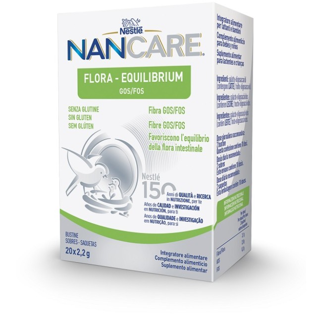 Confezione da 20 bustine di Nestlè NanCare Flora Equilibrium, integratore ricco di fibre per bambini. Confezione da 20 bustine di Nestlè NanCare Flora Equilibrium, integratore ricco di fibre per bambini.