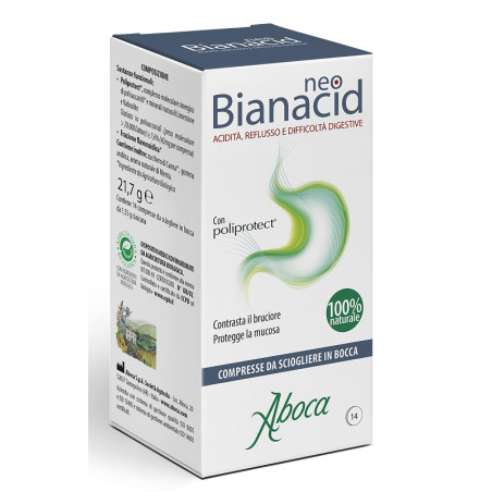 Confezione da 14 compresse masticabili di Aboca Neobianacid, integratore contro reflusso e acidità. Confezione da 14 compresse masticabili di Aboca Neobianacid, integratore contro reflusso e acidità.