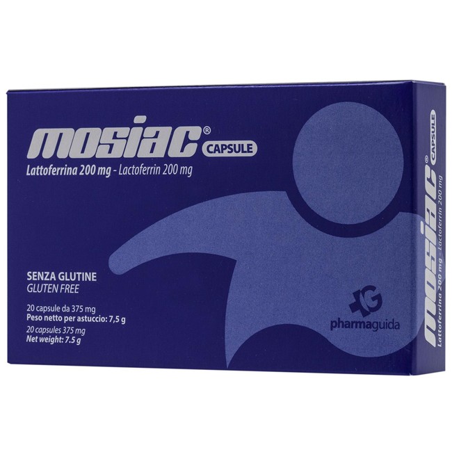 Confezione da 20 capsule di Mosiac, integratore con lattoferrina utile per le difese immunitarie. Confezione da 20 capsule di Mosiac, integratore con lattoferrina utile per le difese immunitarie.