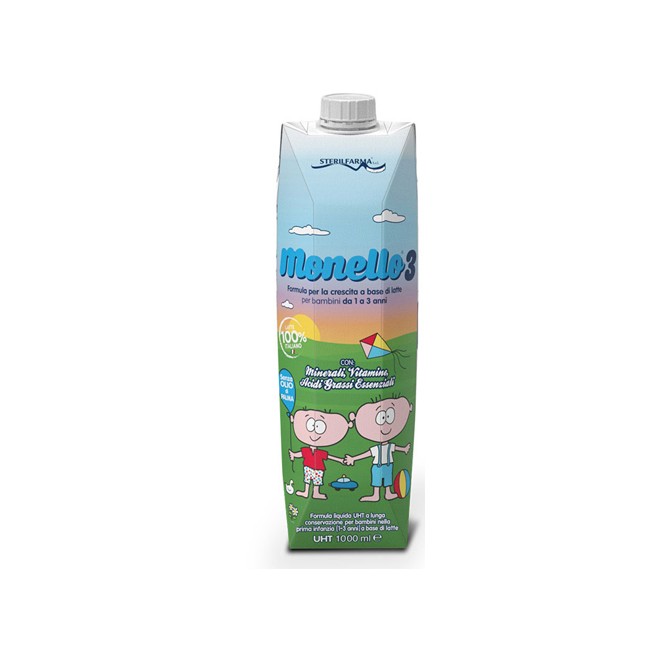 Confezione da 1000 ml di Monello 3, latte liquido per bambini da 1 a 3 anni con calcio e vitamina D. Confezione da 1000 ml di Monello 3, latte liquido per bambini da 1 a 3 anni con calcio e vitamina D.