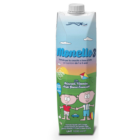 Confezione da 1000 ml di Monello 3, latte liquido per bambini da 1 a 3 anni con calcio e vitamina D.