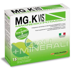 Confezione da 15 bustine di MGK Vis Magnesio Potassio Lemonade, integratore contro stanchezza e fatica.