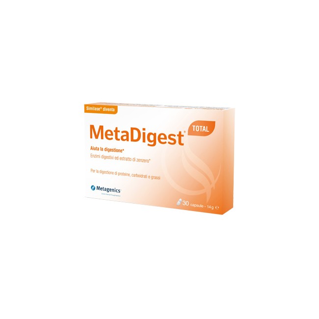 Confezione da 30 capsule di Metagenics Metadigest Total, integratore per migliorare la digestione. Confezione da 30 capsule di Metagenics Metadigest Total, integratore per migliorare la digestione.